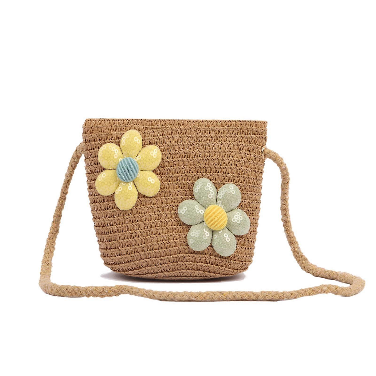 女の子のショルダーバッグミニストローショルダーバッグ、ストロークロスボディバッグ子供ストローショルダーバッグ編みこみバッグかわいい花柄バッグ女の子の休日の屋外Acti