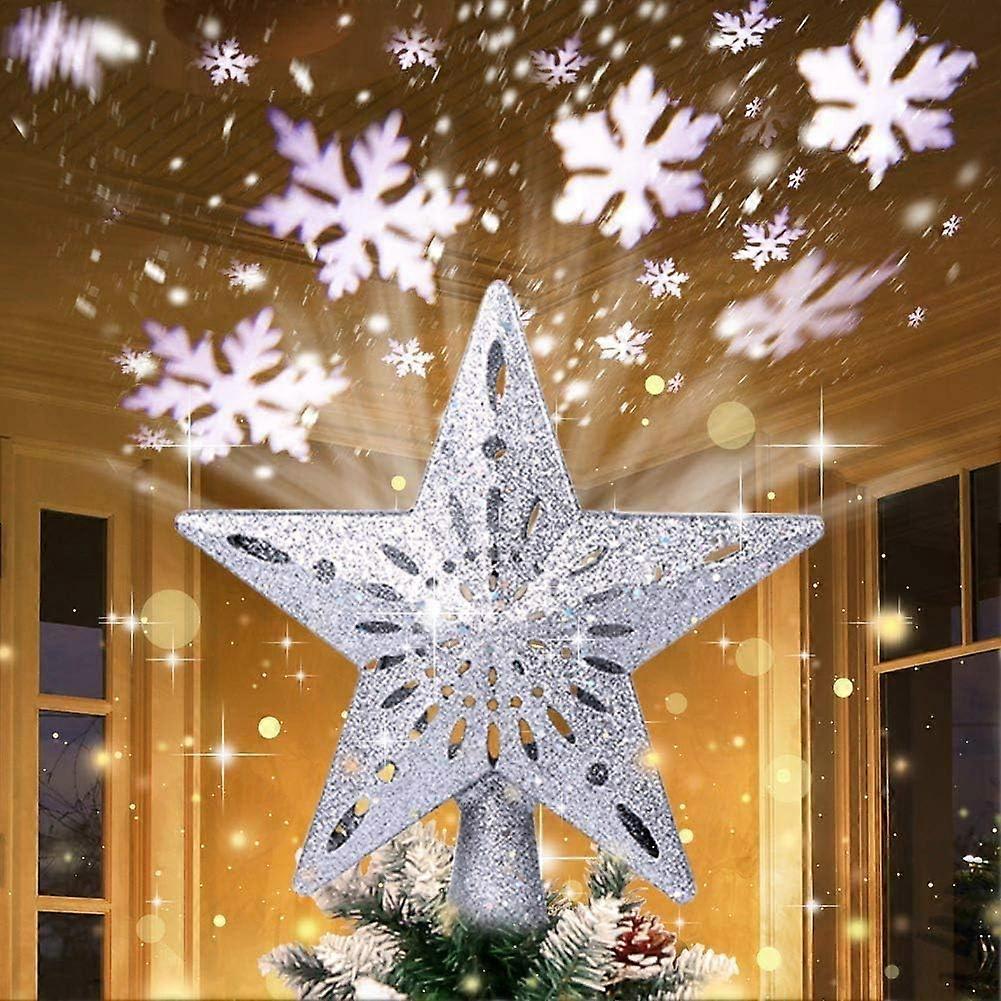 Christmas tree top decorated with illuminated star tree top with rotating snowflake projector, 3D flash hollow star tree top