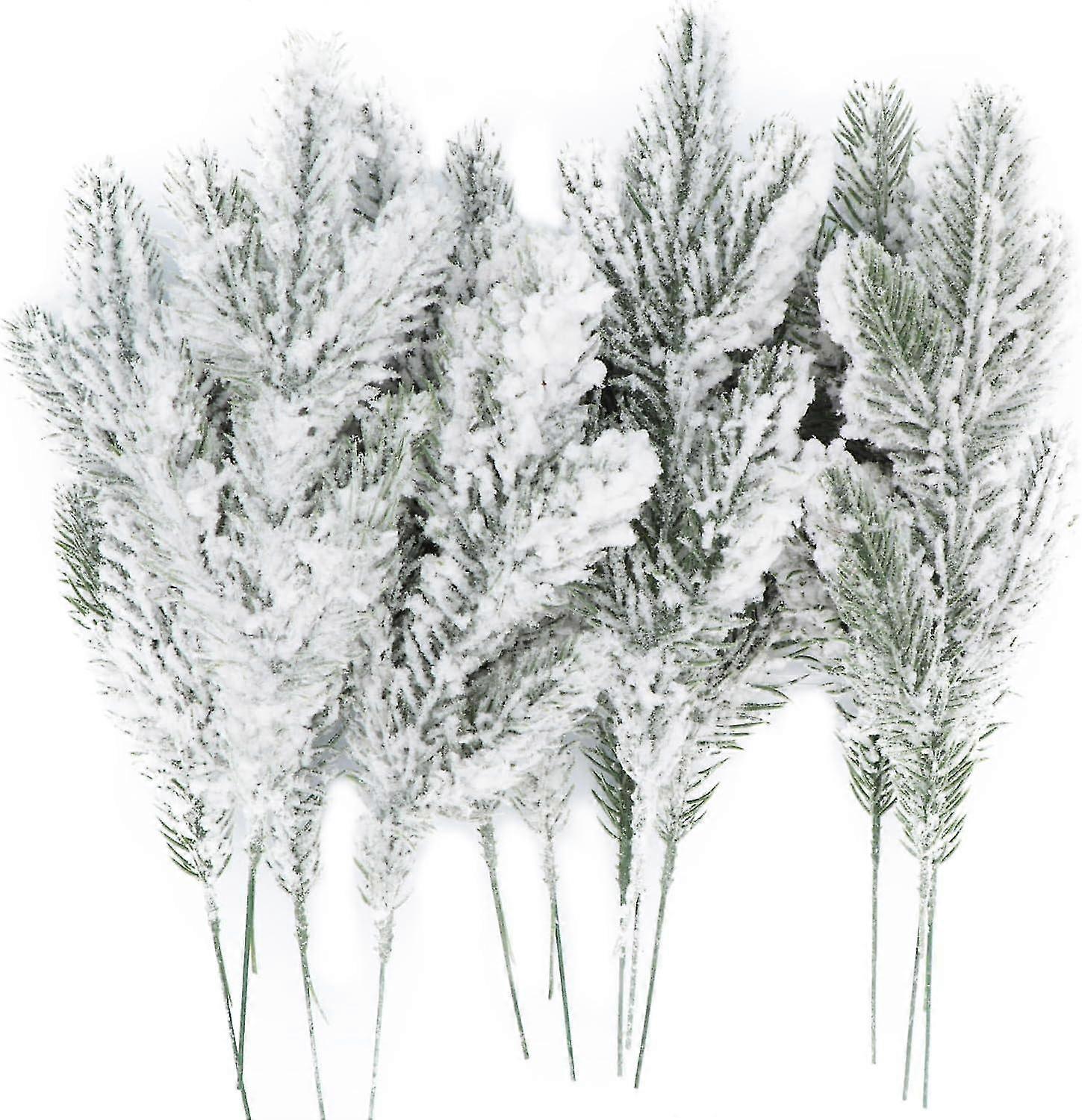 Snowy Artificial Pine Needles Branches - 12pcs Frosted Pine Picks