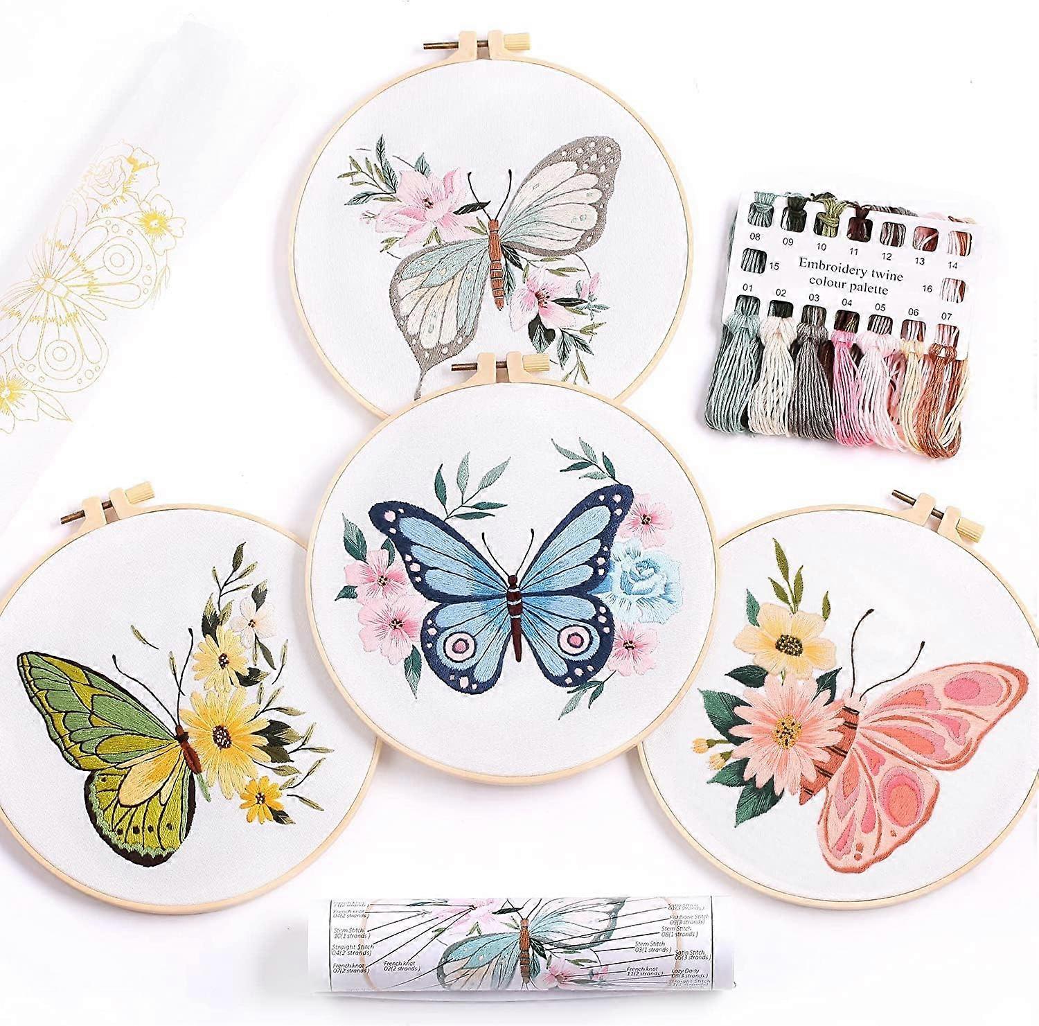 4-piece embroidery starter kit with beginner patterns and instructions, includes 2 plastic embroidery hoops, colorful thread and needle (butterfly)