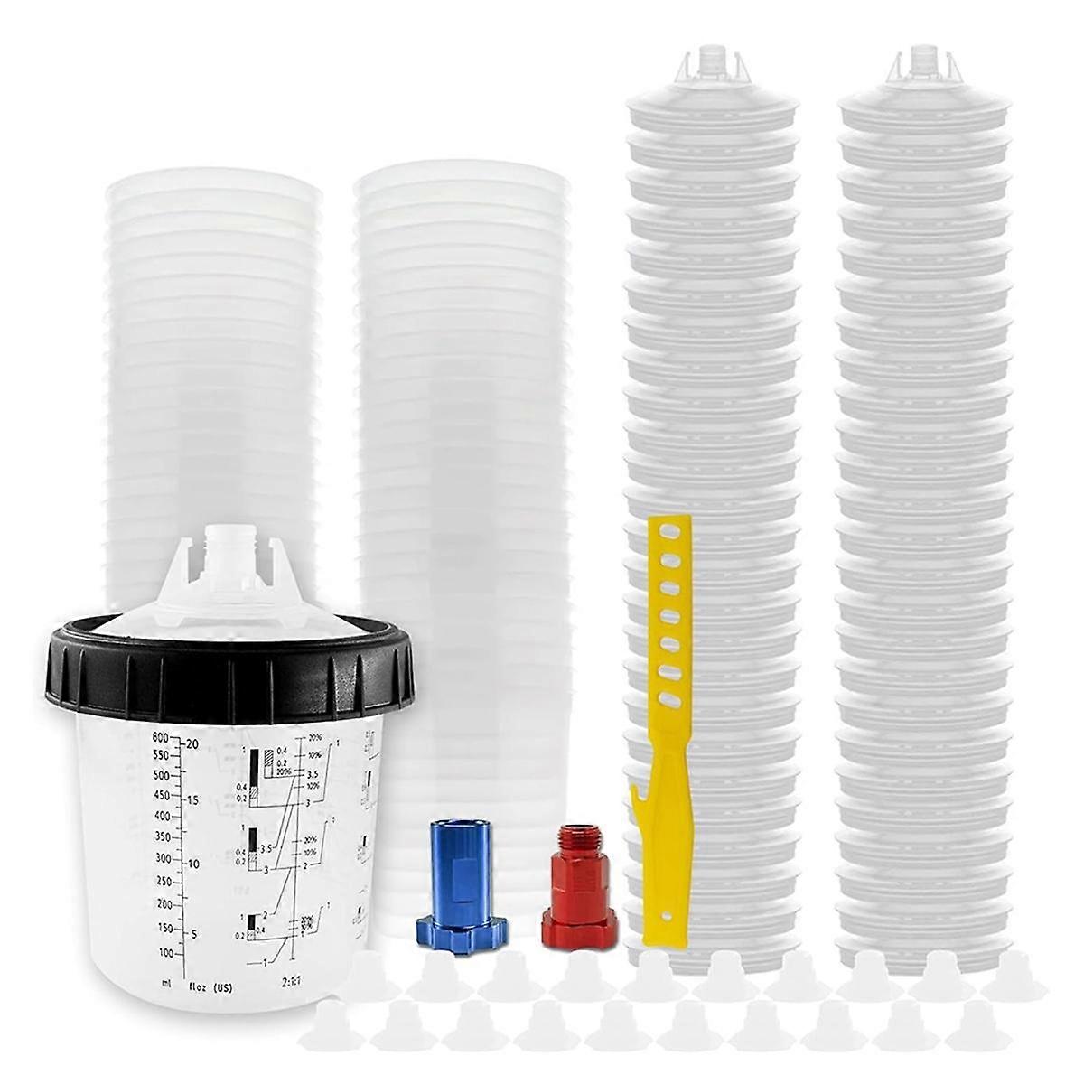 Paint Cup SprayGun Cup, with 50 Cups Liners and Lids, 1 Hard Cup with Retainer Ring, 2 Cup Adapter,