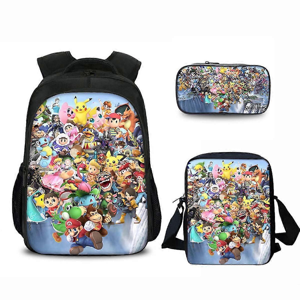 3pcs/set Mario Yoshi Peach Princess Printed Backpack Set With Shoulder Bag Pencil Case School Bag Travel Daypack Lightweight Bookbags