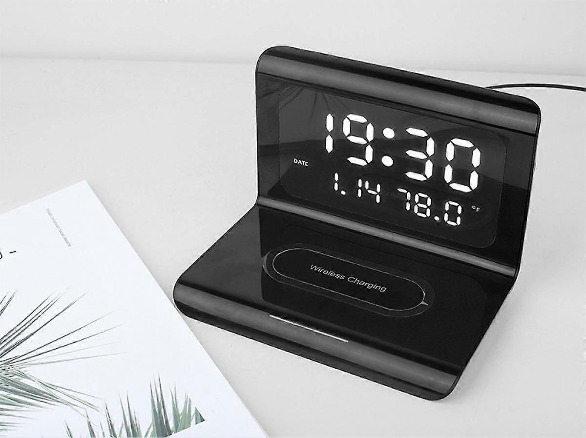 Creative digital alarm clock, clock wireless fast charging, multi-function three-in-one mobile phone wireless charging alarm clock Black
