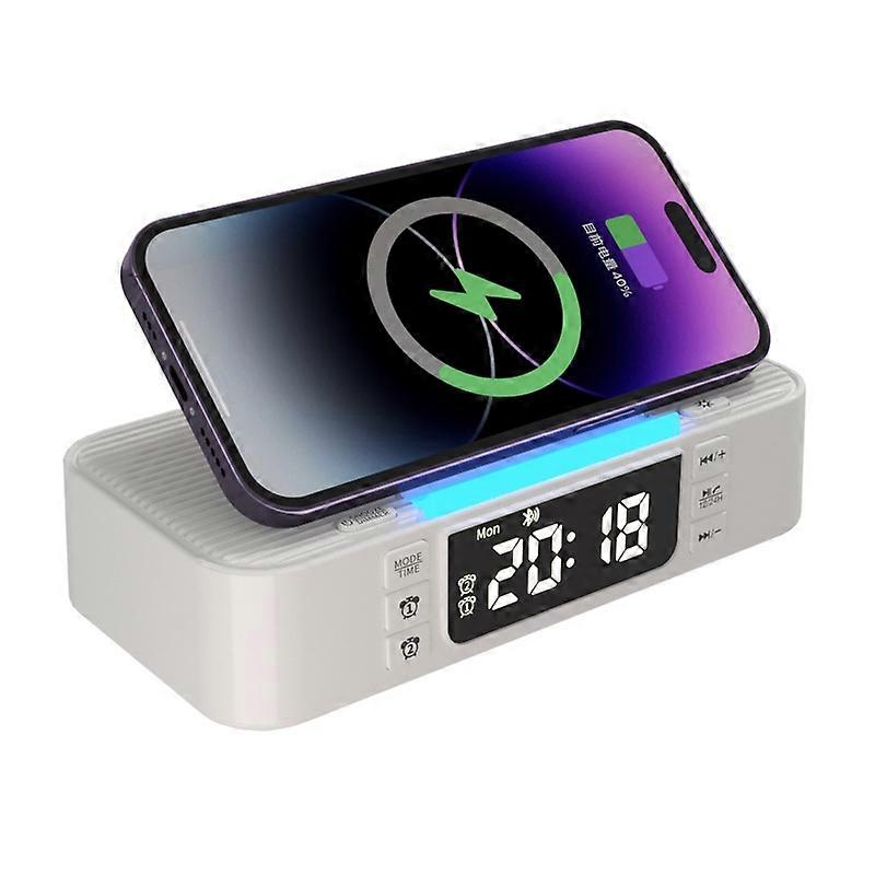 Digital Alarm Clock Wireless Charger Bluetooth Speaker RGB Night Light Cell Phone Stand T6 White