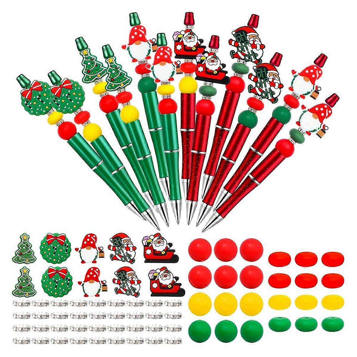 Christmas Beadable Pens, Bead Pens with 12 Pcs Santa Shape Silicone Spacers for Christmas School Of