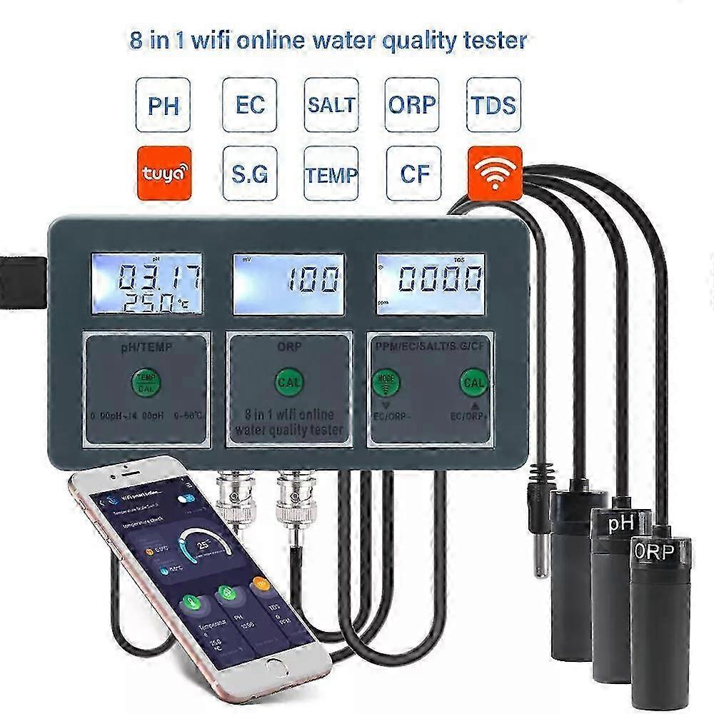 8 in1 WIFI Smart Monitor Fish Tank Pool Water Quality Meter PH ORP EC PPM Test