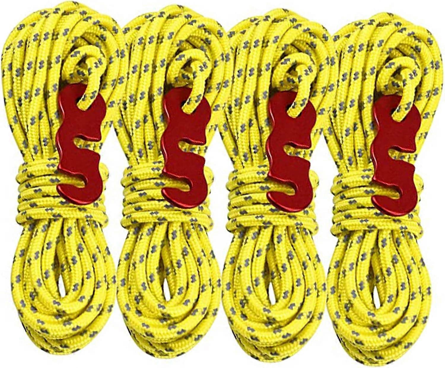 Reflective Camping Rope with Cord Adjuster, Aluminum Tensioner for High Stability, Multifunctional Use in Outdoor Activity, Yellow, Pack of 4