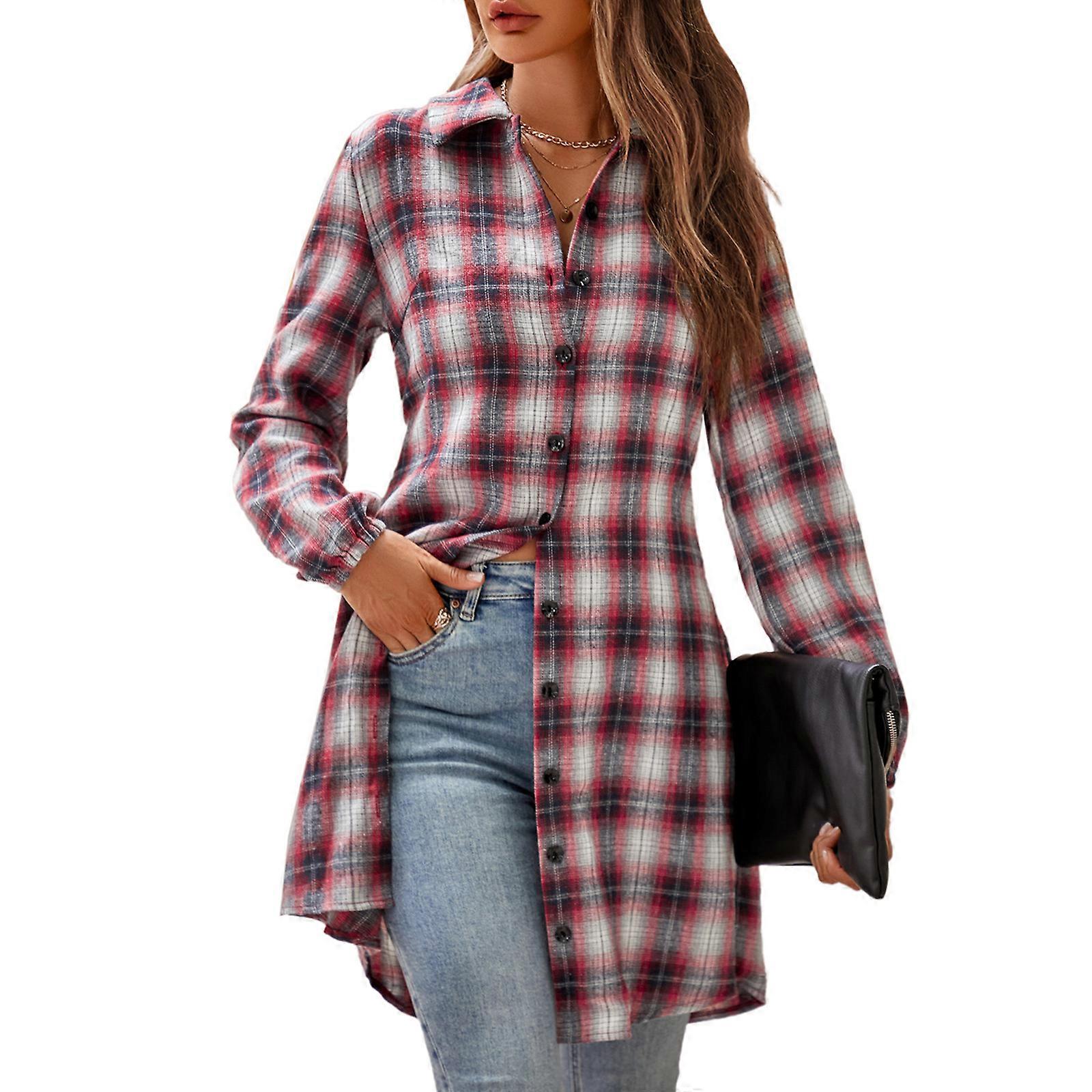 Stylish Grids Pattern Shirt Dress with Single Button Closure Fashionable and Comfortable Long Sleeve Button Down Dresses  Red XL