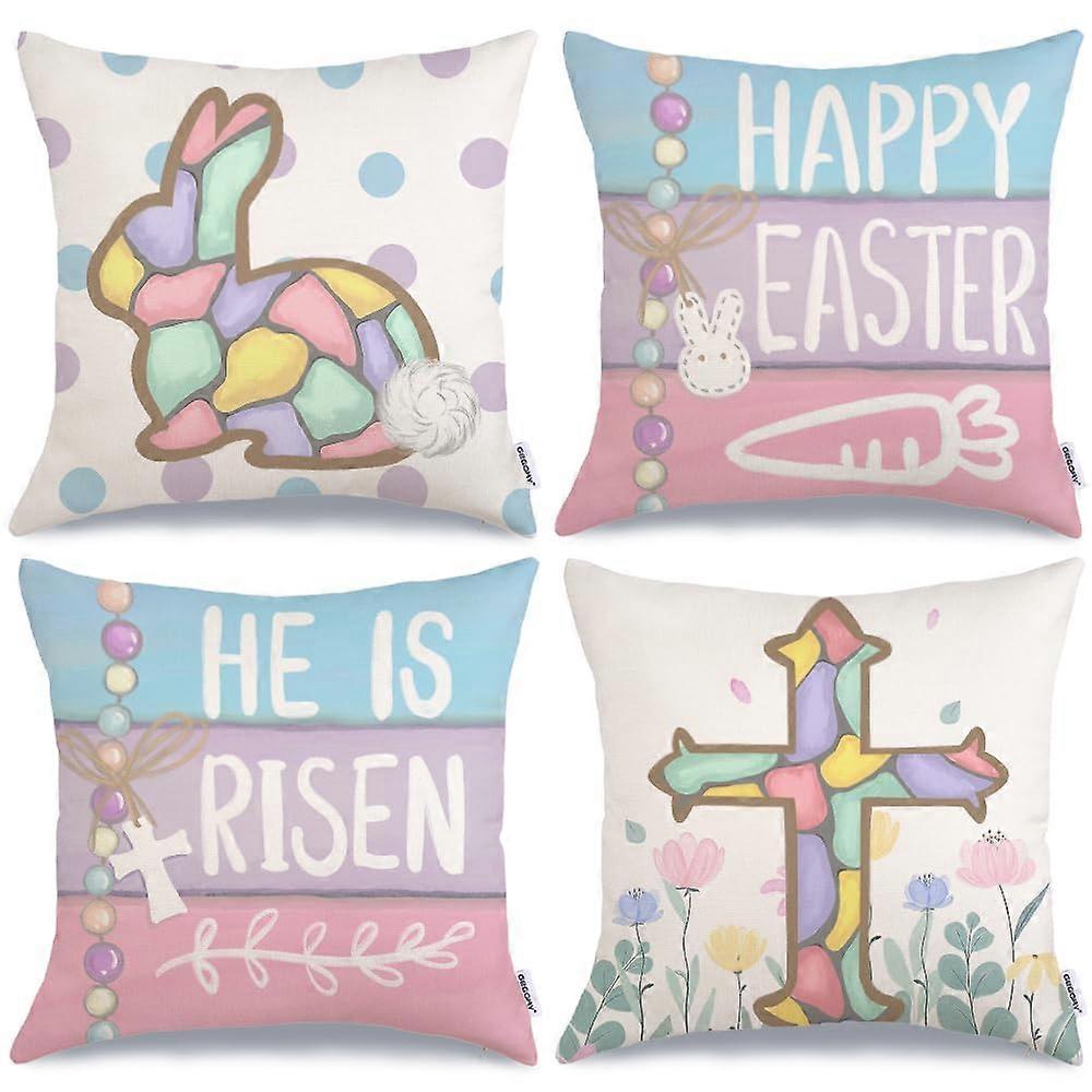 Happy Easter Pillow Cases 18x18 inch 4-set, flowering cross rabbit carrot farm house dec