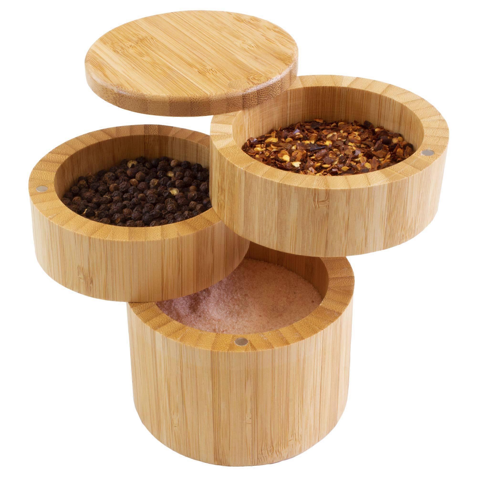 Triple 3 Tier Bamboo Salt Cellar with Lid, Kitchen Spice Storage Box, Eco-Friendly Bamboo Material, Rustic Design