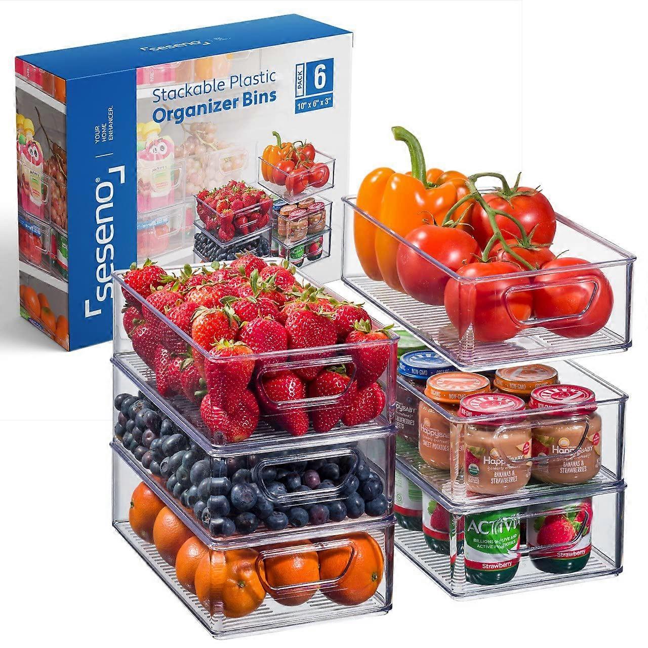 Set Of 6 Stackable Refrigerator Organizer Bins - Clear Plastic Fridge Storage Bins with Cutout Handles for Pantry and Freezer