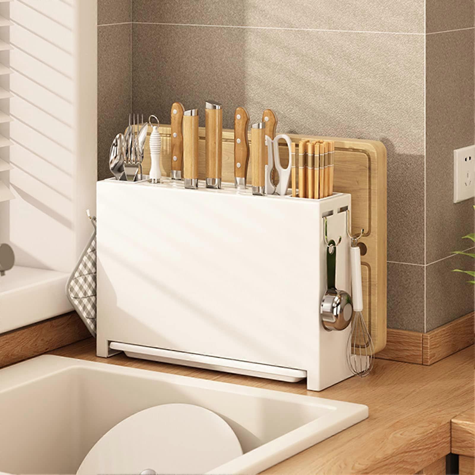 Kitchen Knife Drying Holder with Chopsticks and Cutting Board Storage Rack, Multi-Use White Utensil Organizer for Kitchen
