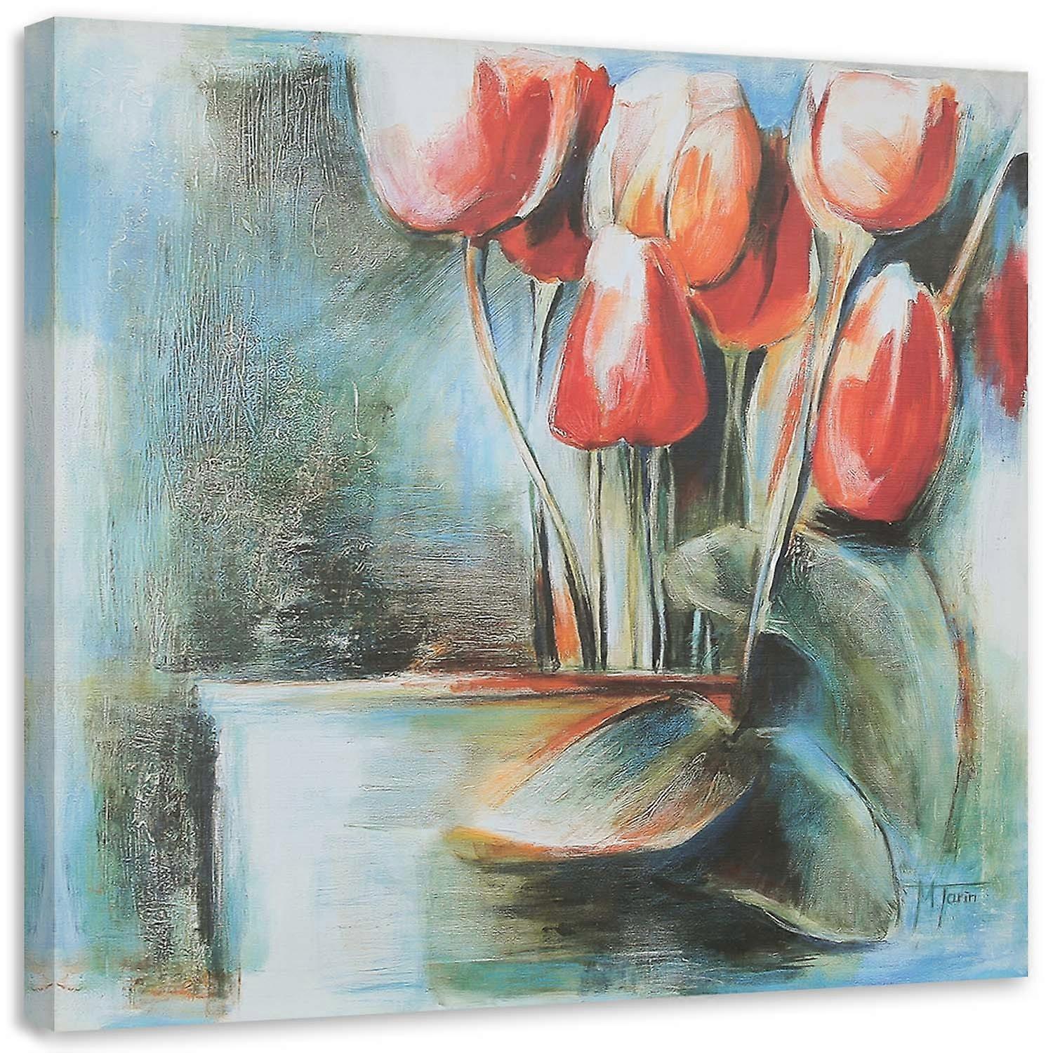 Lienzo, Tulipanes rojos en un jarrón - 30x30