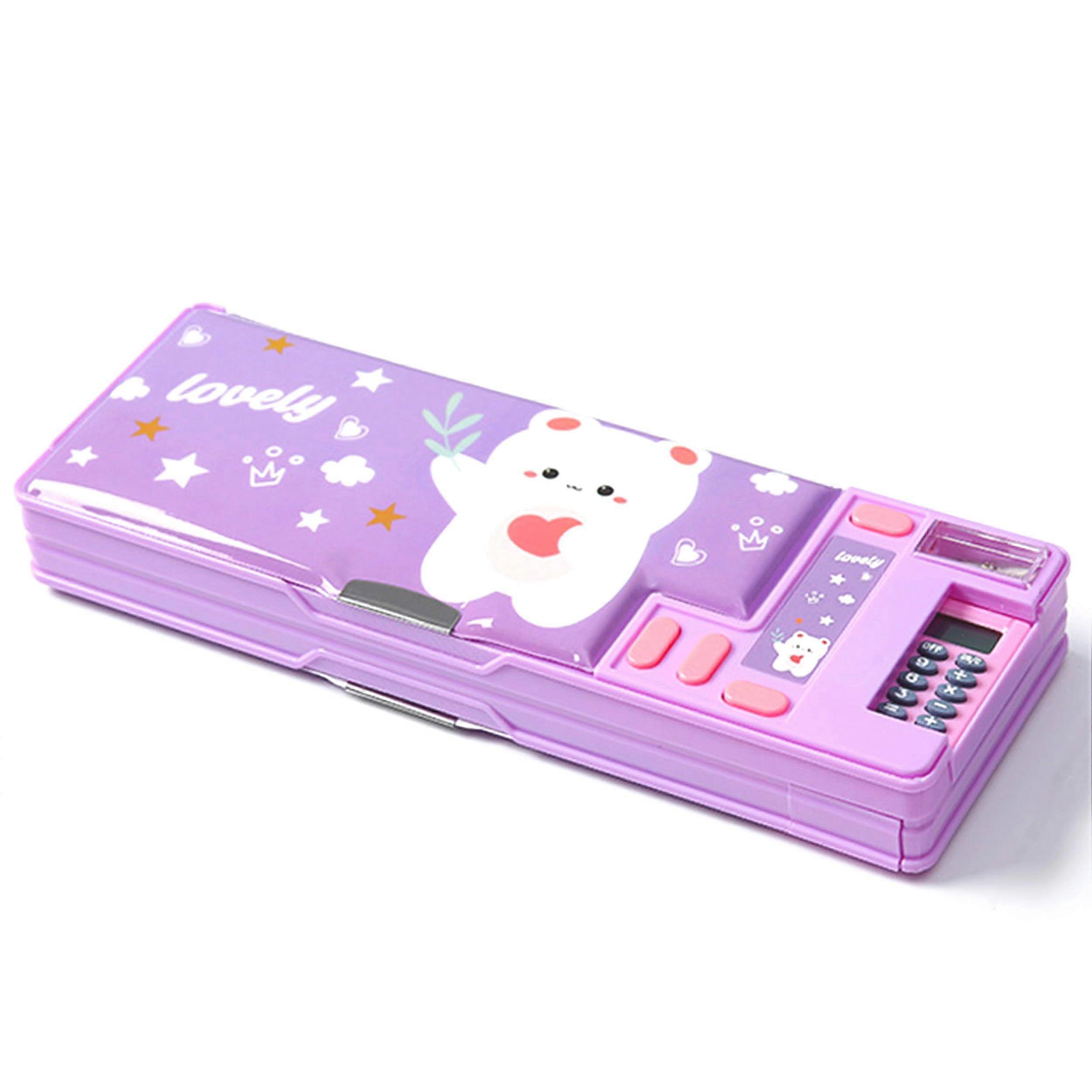 Pop Up Multifunction Pencil Case, Cute Cartoon Pen Box with Calculators, Sharpener (Purple)