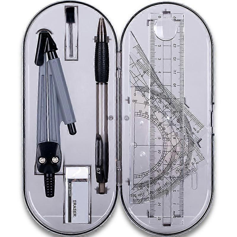 8Piece Geometry Set with Protractor, Compass, Pencil Guide for Students