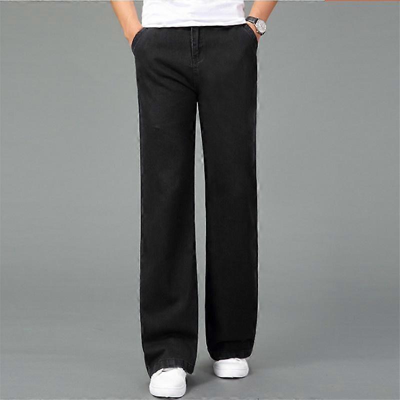 Men Jeans High Waist Straight Wide Leg Solid Color Pockets Stretchy Button Zipper Closure Denim Colorfast Formal Business Style Men Long Trousers