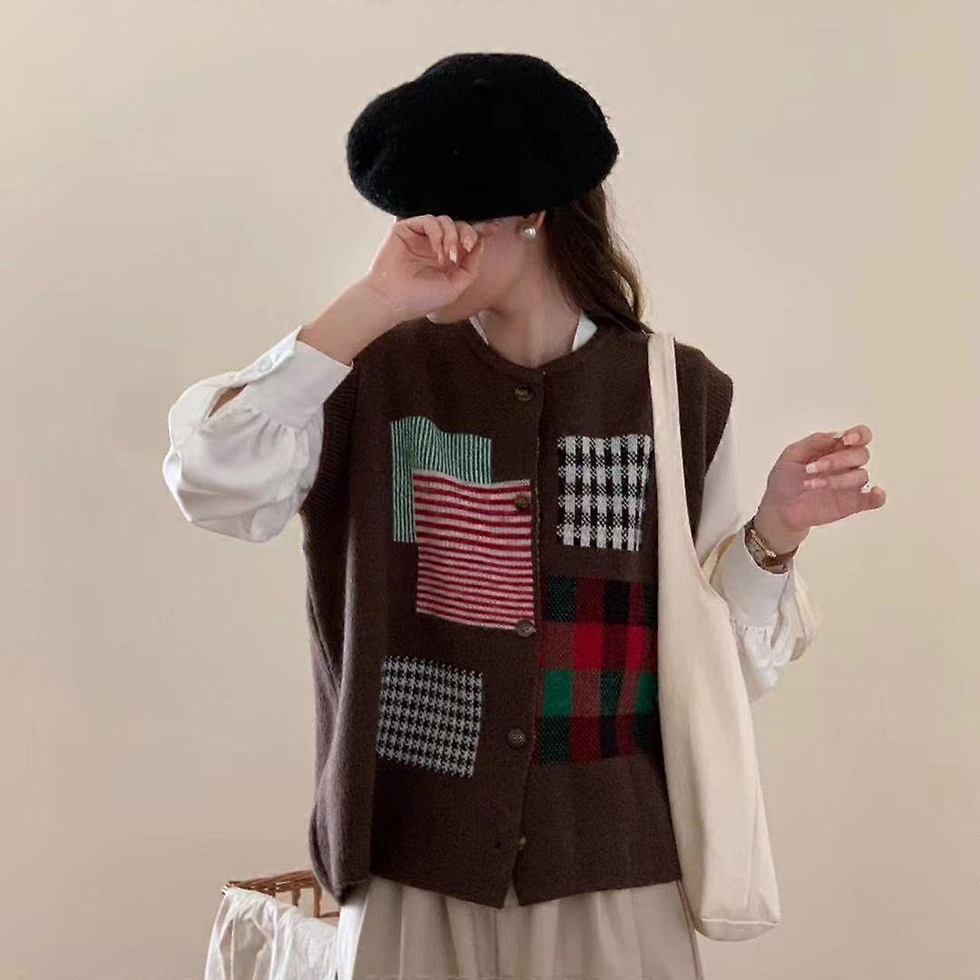 Autumn and Winter Plus Size Women Plaid Sleeveless Sub Color Blocked Knitted Vest Sweaters Knitting Oversize Casual Style Loose Sweater