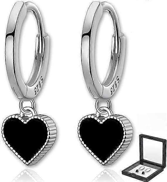 2 pcs 925 argent sterling noir coeur boucles d’oreilles, boucles d’oreilles pandora pour les femmes ados cerceau décorations coeur goutte (en boîte)