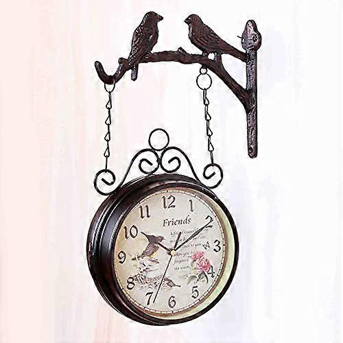 Doublesided wall clock with retro bird design, wrought iron, 360° rotation, waterproof
