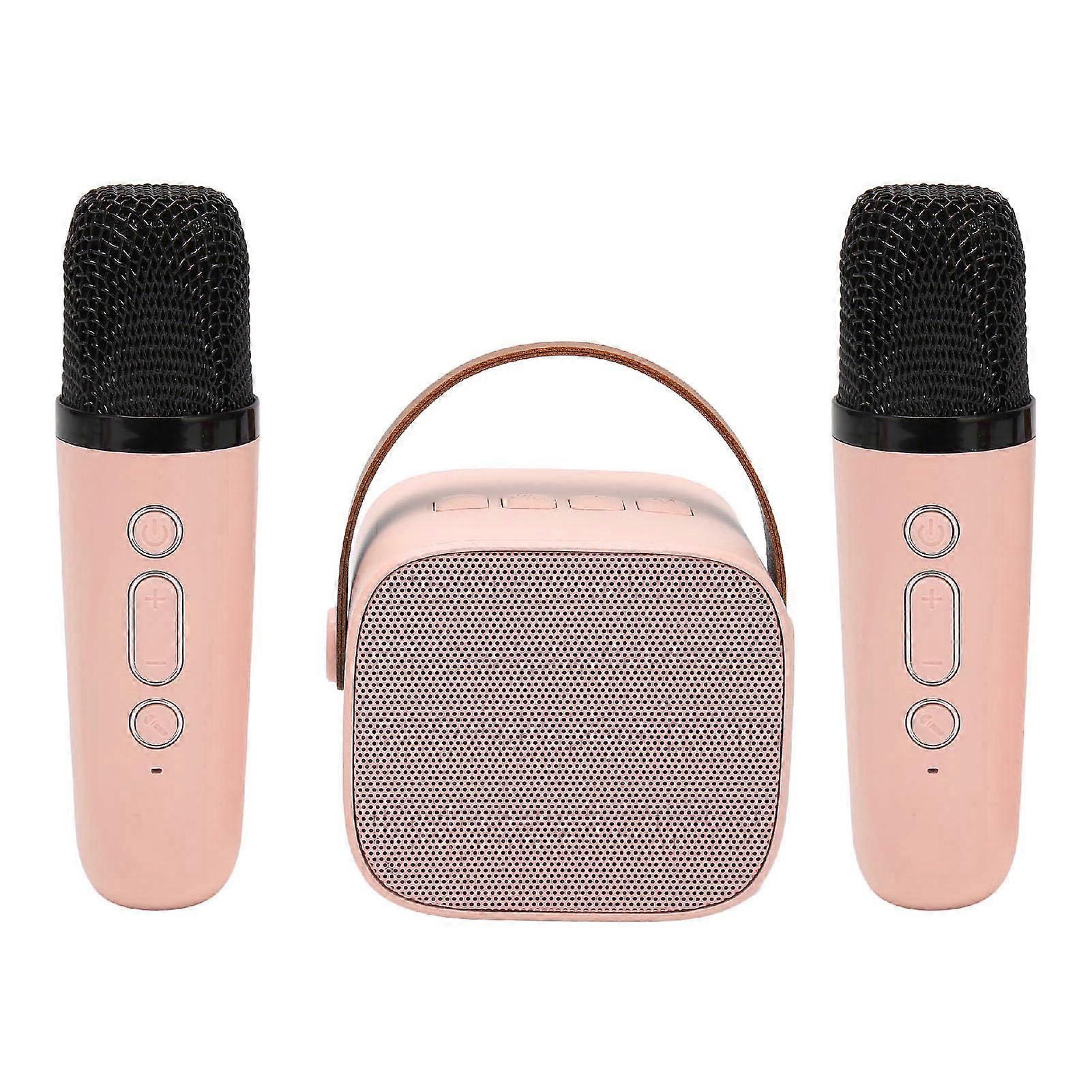 Mini Karaoke machine set, portable stereo Bluetooth speaker with 2 wireless microphones, pink