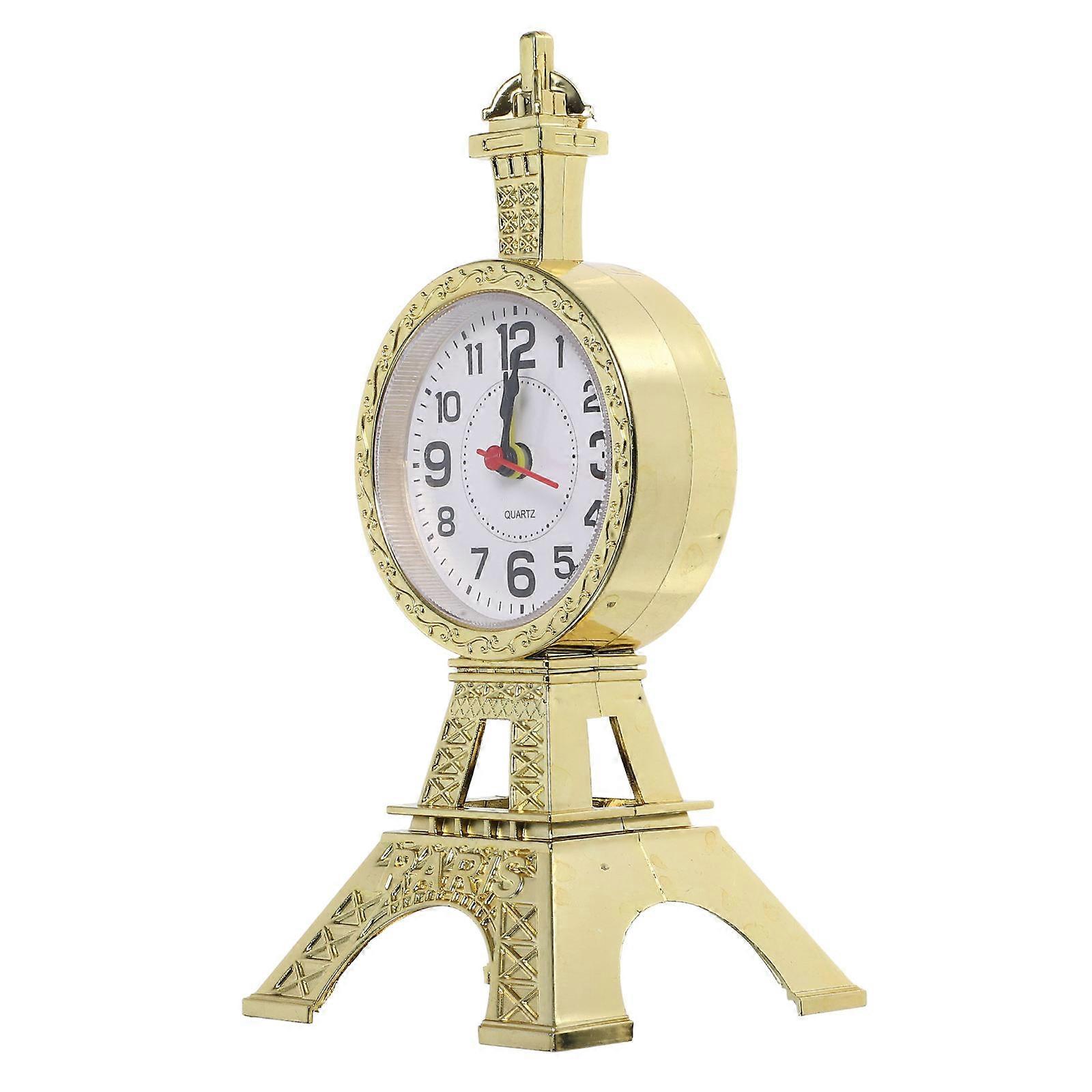 Vintage Eiffel Tower Alarm Clock – Retro Gold Tone Desktop Bedside Analog Clock with Decorative Dial – Non Ticking Classic Design for Bedroom or