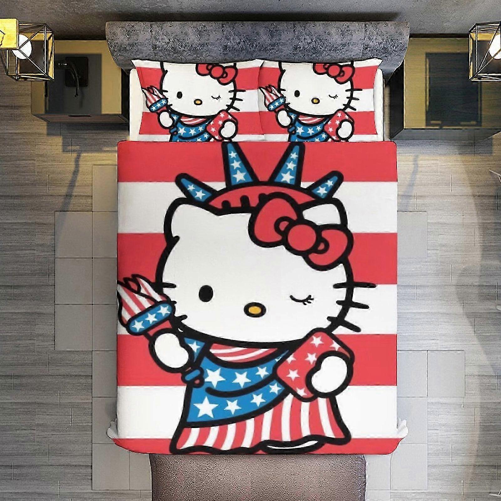 Conjunto de capa de edredom de tamanho completo de 3 peças adequado para Hello Kitty apresentando microfibra super macia e resistente ao desbotamento com 1 fechamento com zíper e