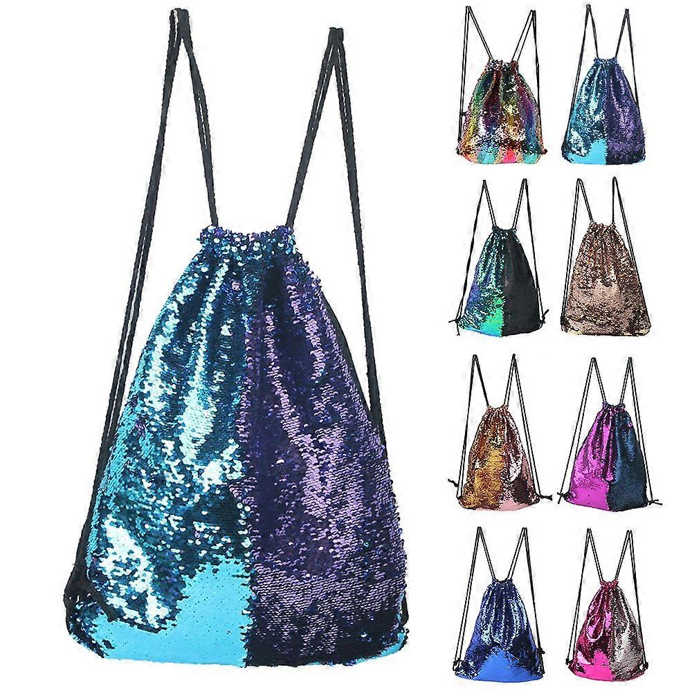 Backpack Mermaid Design Sparkly Scales Reversible Drawstring Tote Bag Shoulder Bag Blue Purple