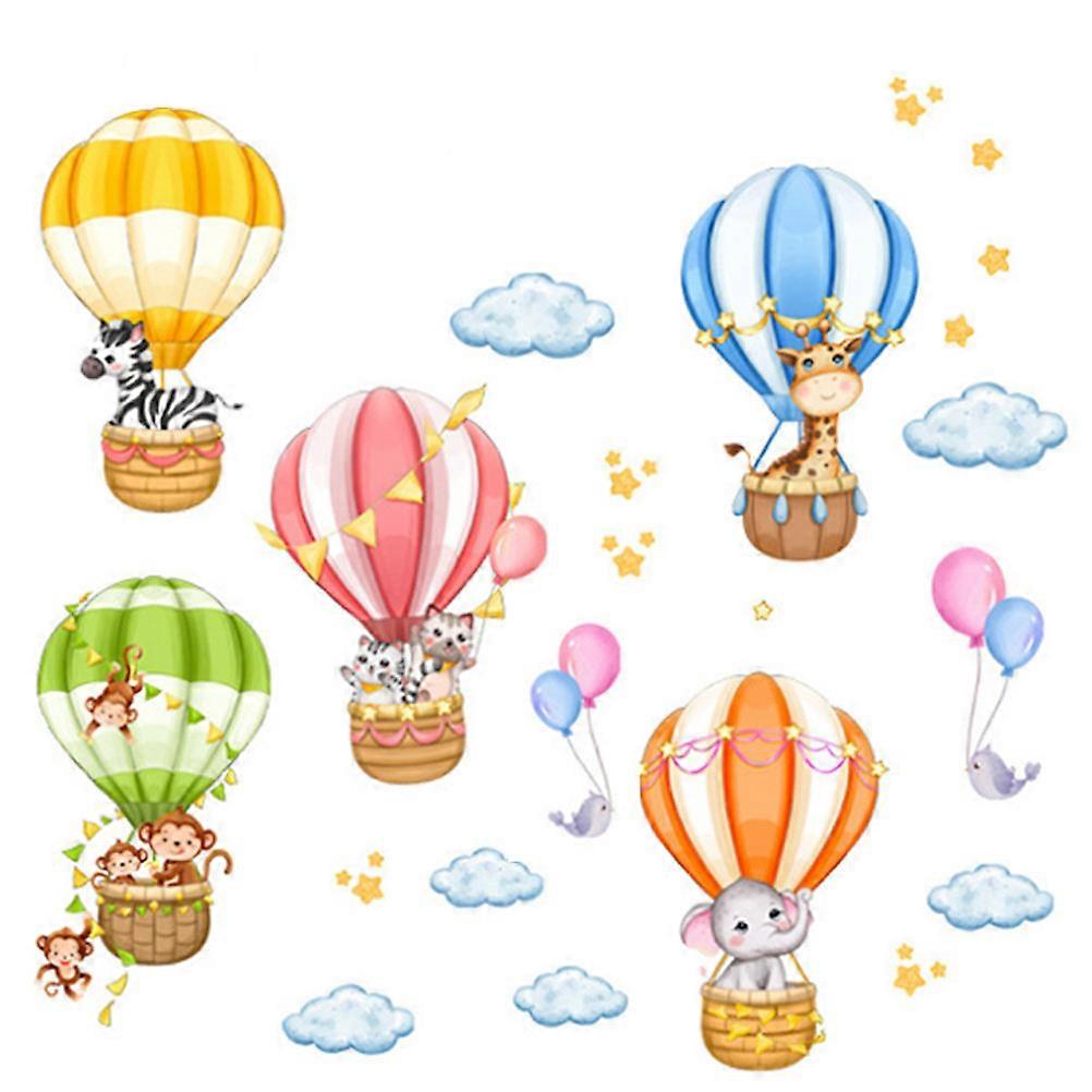 Cartoon Animal Wall Stickers Hot Air Balloon Design, 2 Sheets, Removable, for Nursery, Playroom, and Home Decor on Smooth Surfaces