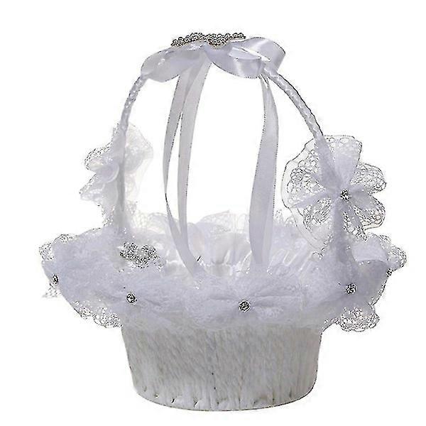 Crystal Flower Child Flower Basket Bowknot Flower Basket Elegant Party Basket for Wedding (white)