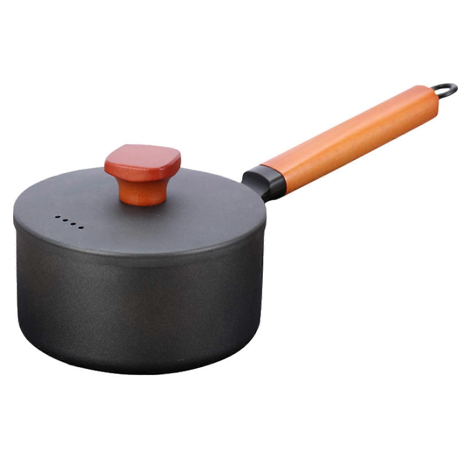 Milk Pan, NonStick Stone with Wooden Handle and Lid, Cookware, Iron Milk Pot for Kitchen, Milk Jug/Tea/Coffee/Egg Cooker/Baby Food Pot, Black, 16cm