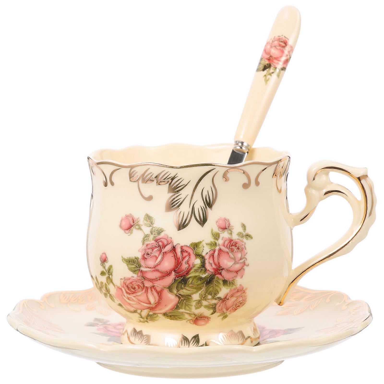 Vintage Ceramic Water Mug Set With Saucer And Spoon For Home Use Multi Color Retro Design 1 Set