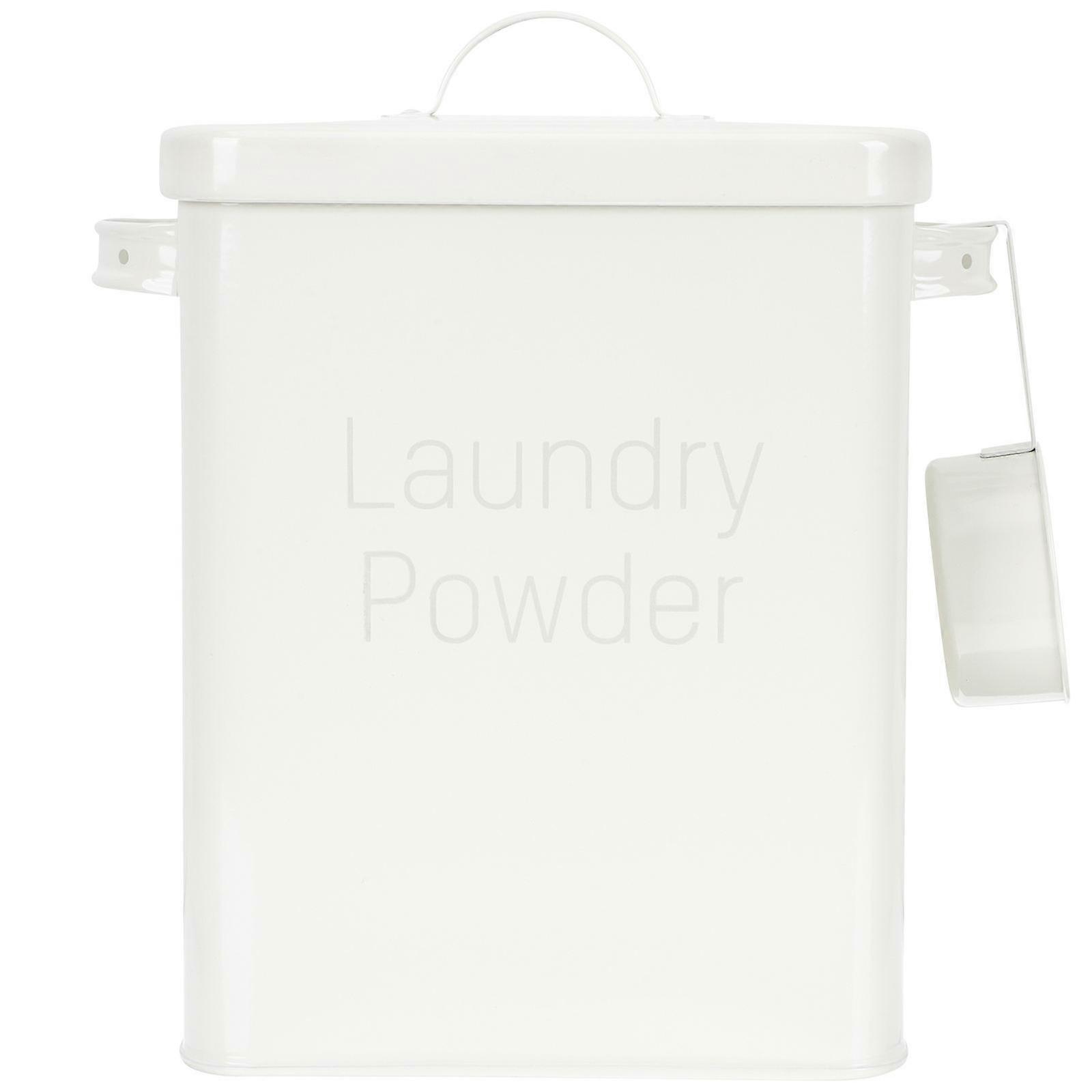 White Iron Laundry Storage Box MultiPurpose Container for Home Use with Scoop 8.5 x 8.5 x 10.5 Inches