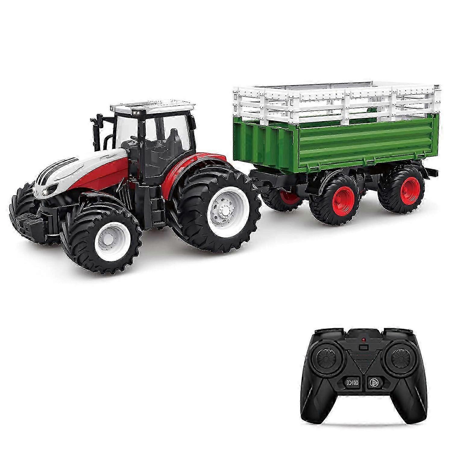 A 1:24 scale, 2.4GHz remote control tractor toy with a trailer, a gripper, and a hay bale.