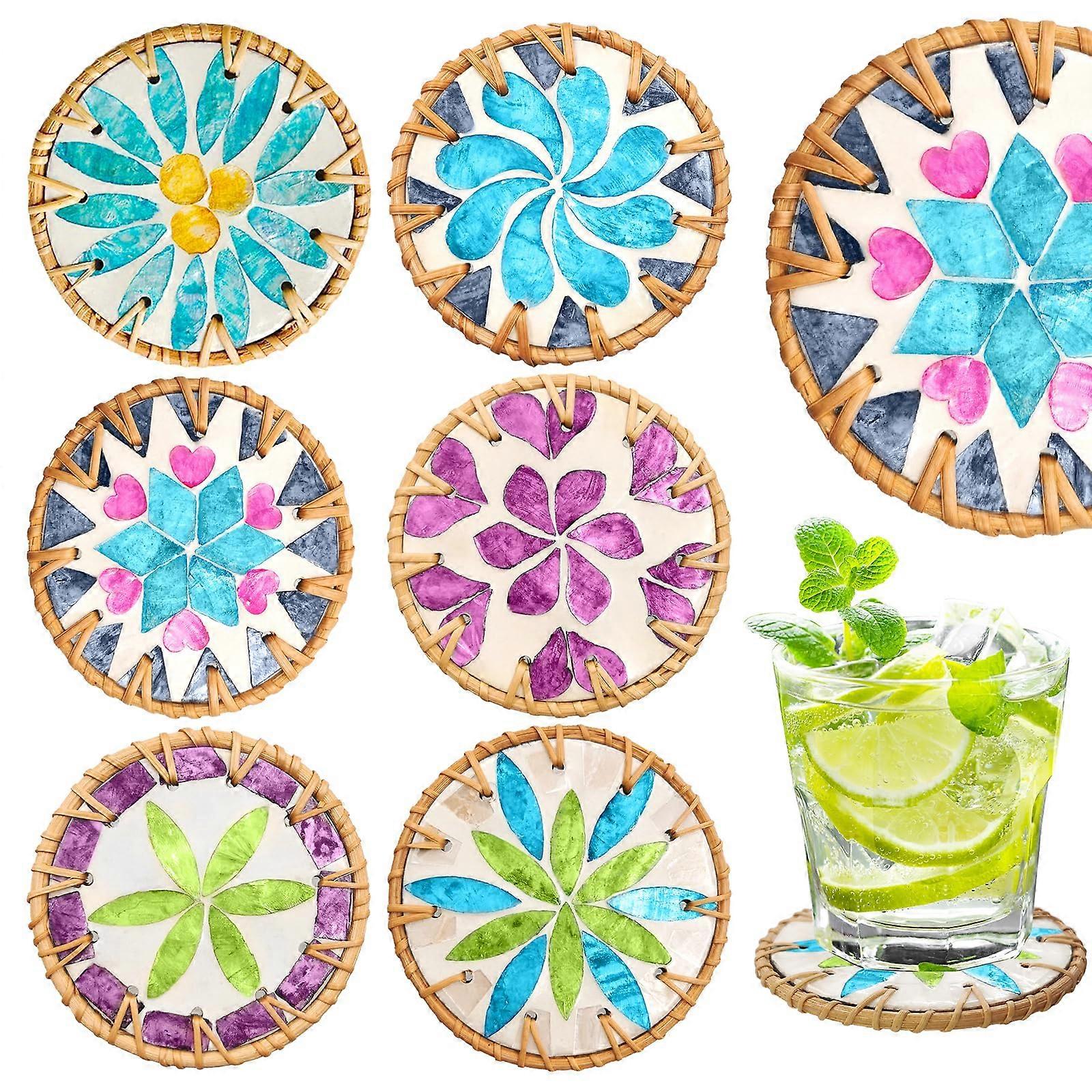 Drink Coasters (Set of 6) Colorful Shell, Woven Handmade, Housewarming Gifts for Wooden Tables