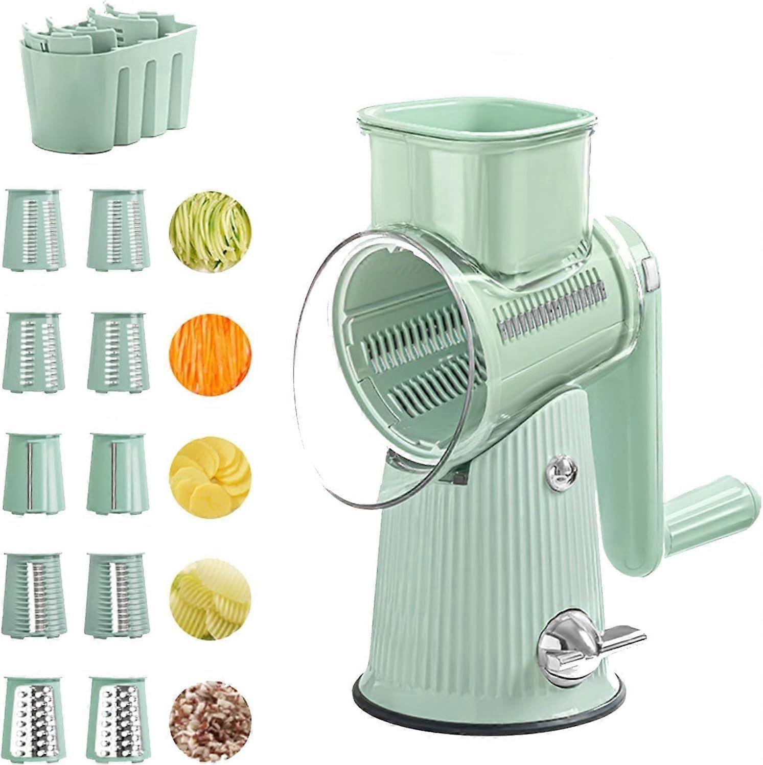 5in1 Food Chopper, 5in1 Rotary Cheese Grater Vegetable Slicer (with Handle), Easy to Clean, Suitable for All Ingredients Green