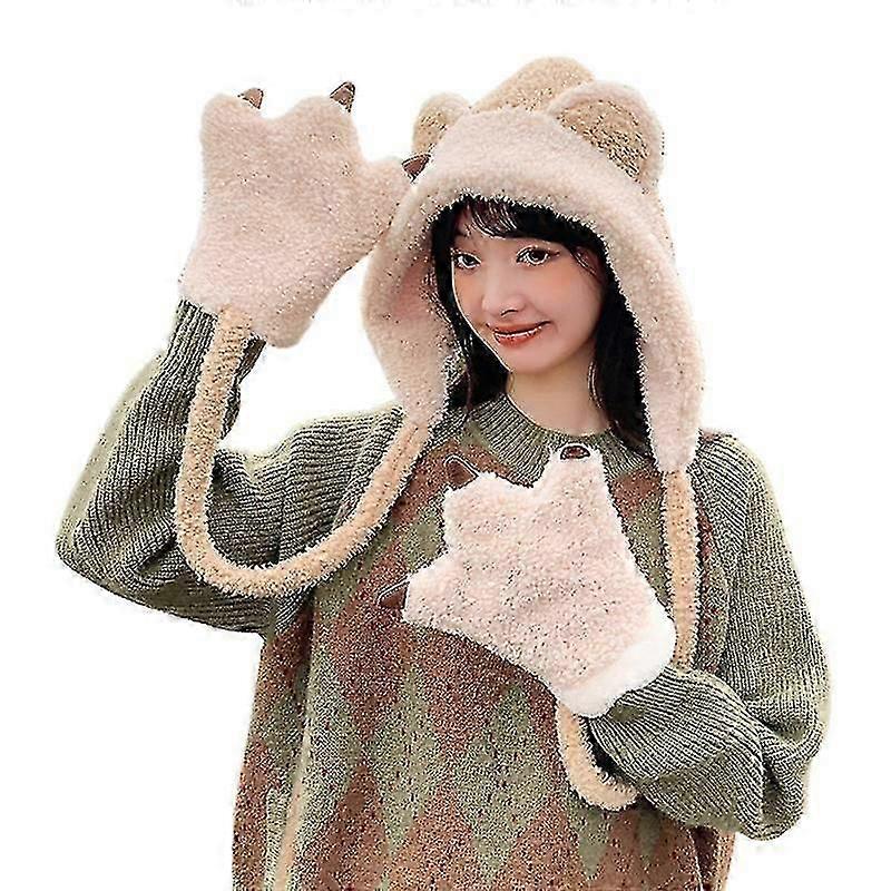 Cachecol de uma peça Chapéu de orelha de gato Fleece Conjunto de inverno com luvas