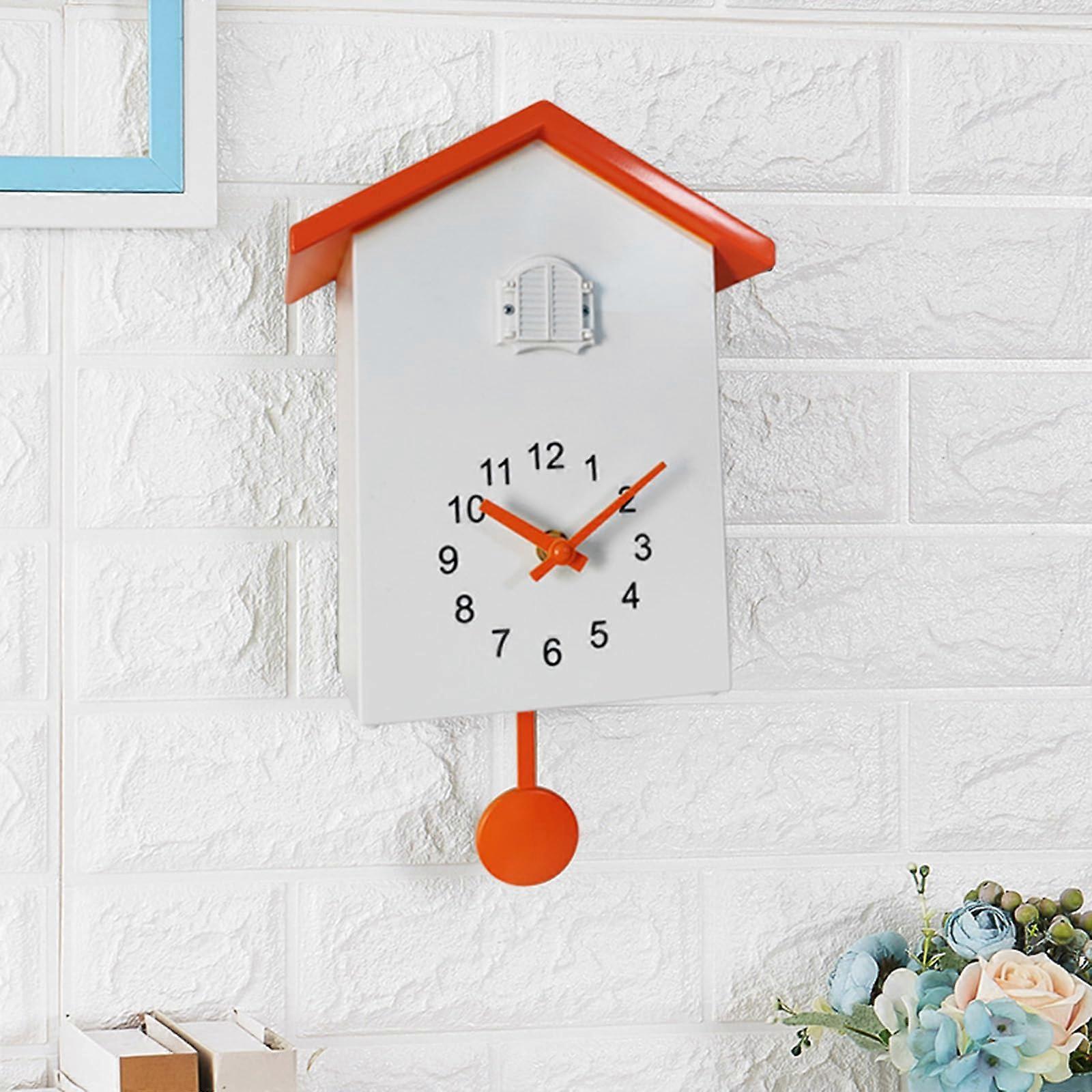 Cuckoo Clock Vintage Wall Clock With Bird Call, Chalet Style Orange Pendulum Clock For Living Room