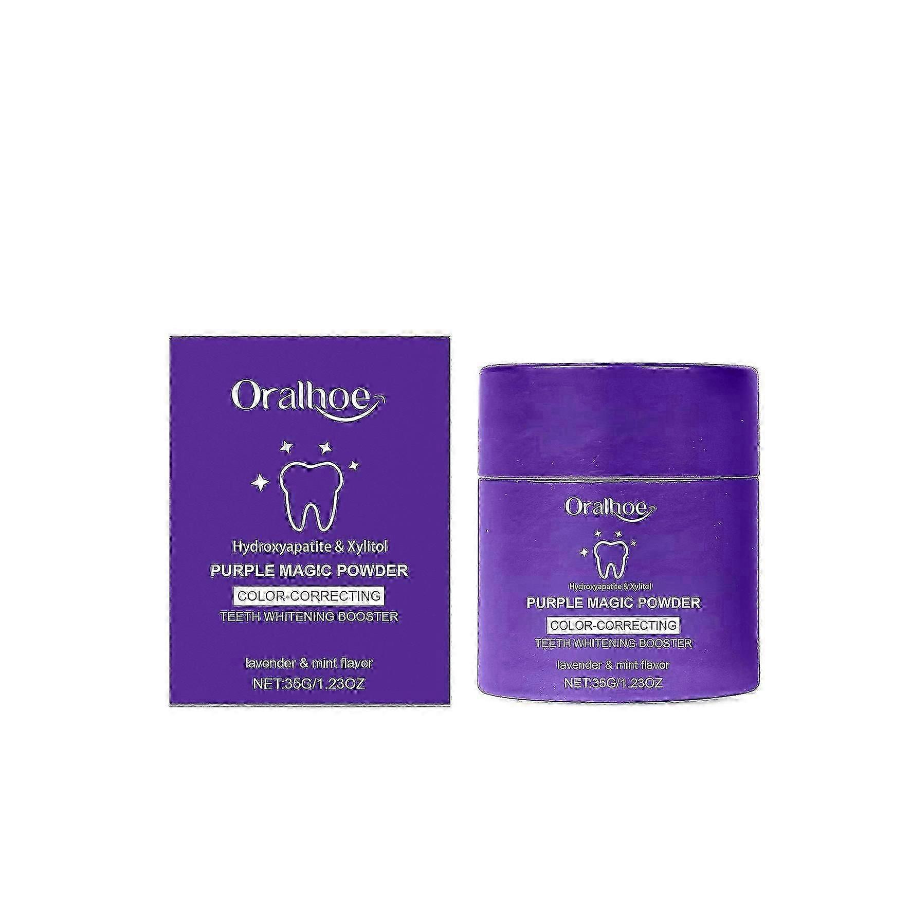 Oralhoe fialový zubní prášek jemně chrání dásně, čistí zuby, osvěžuje dech, má lesklý a čistý vzhled a poskytuje ústní péči o zuby