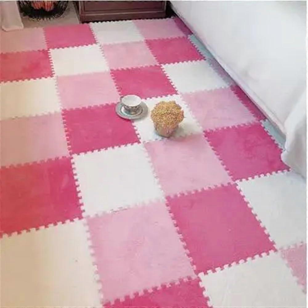 12Pcs Plush Interlocking Carpet Squares Mats Fuzzy Soft Protective Floor Mats RV Carpet Tiles 30x30 White Pink Rose Red