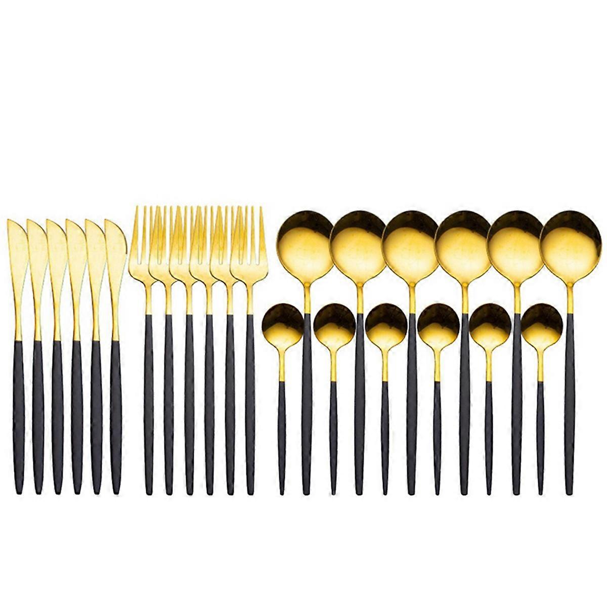 24Pcs Stainless Steel Dinnerware Set Silverware Flatware,Black-Gold