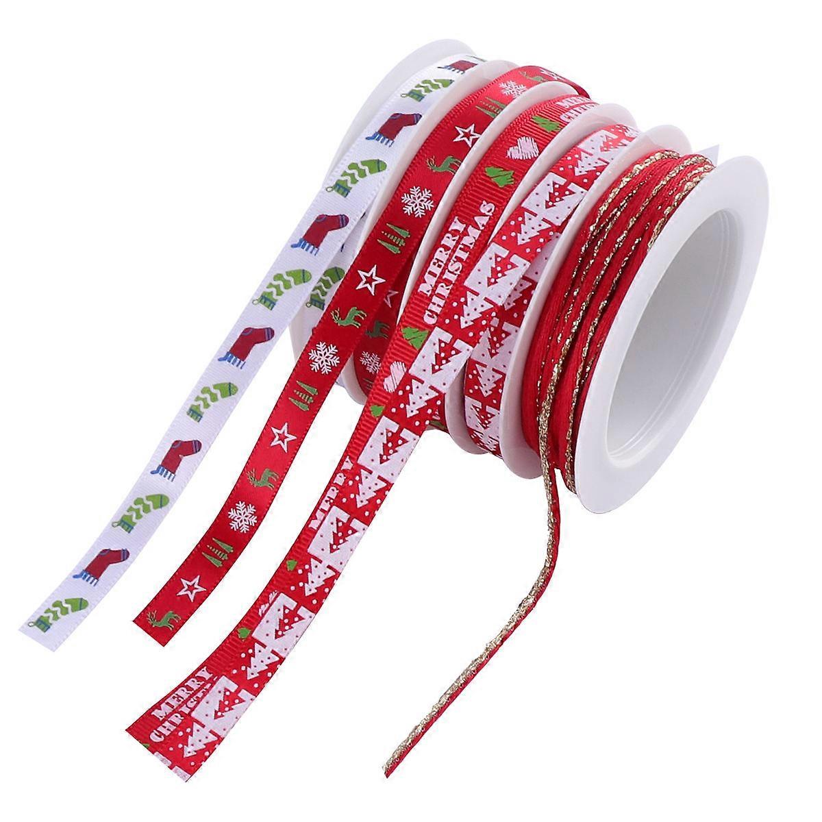 Ornaments Ribbon Red Fabric Christmas Printed Ribbon for Package 5 Rolls