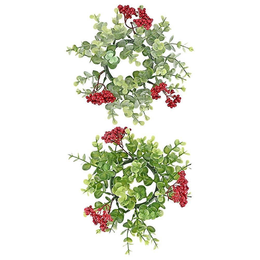 Eucalyptus Red Berry Candle Ring 2Pcs Plastic Assorted Color Xmas Ornament Versatile Placement