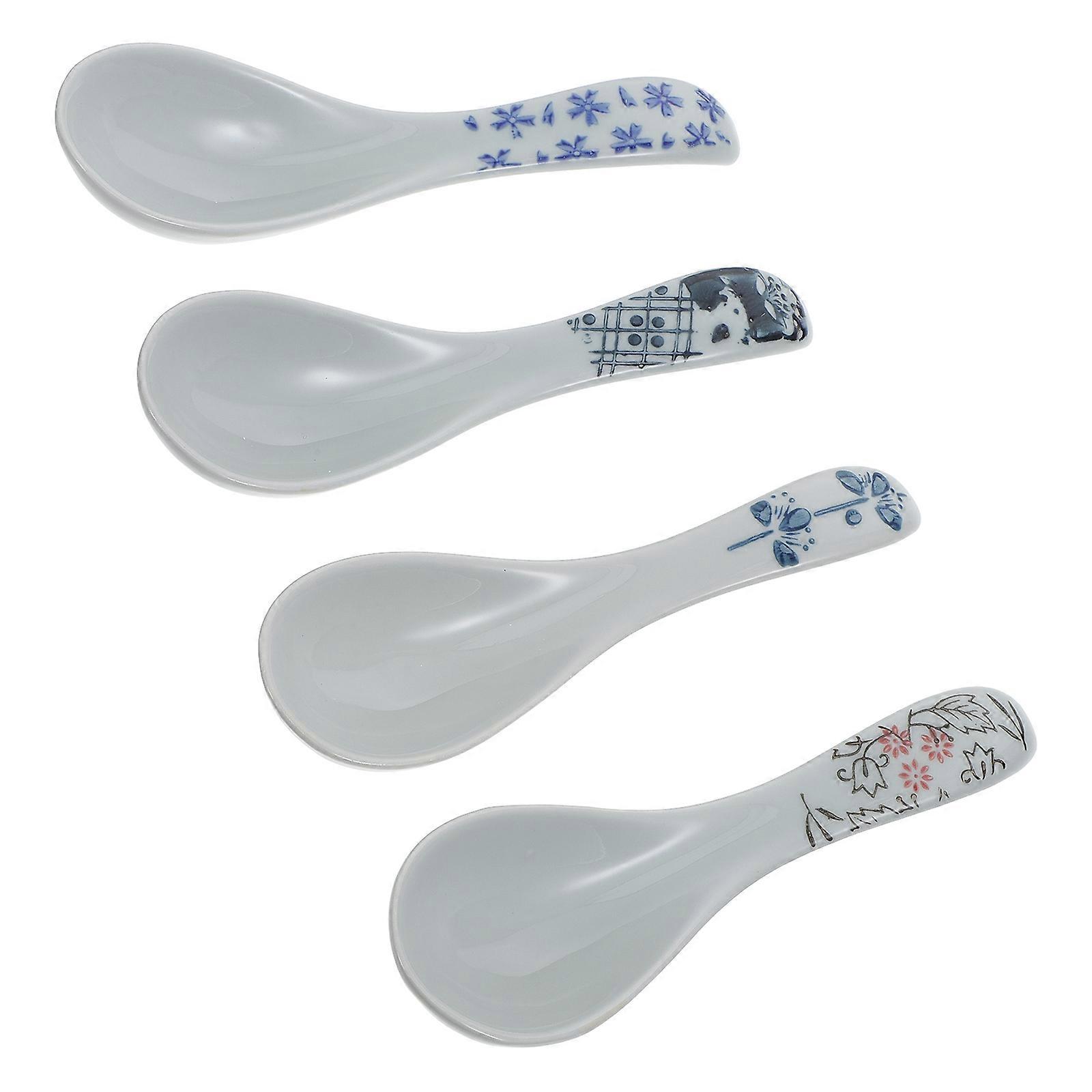 Ceramic Asian Soup Spoons Short Handle Restaurant Use Porcelain Assorted Color Drinking 4Pcs