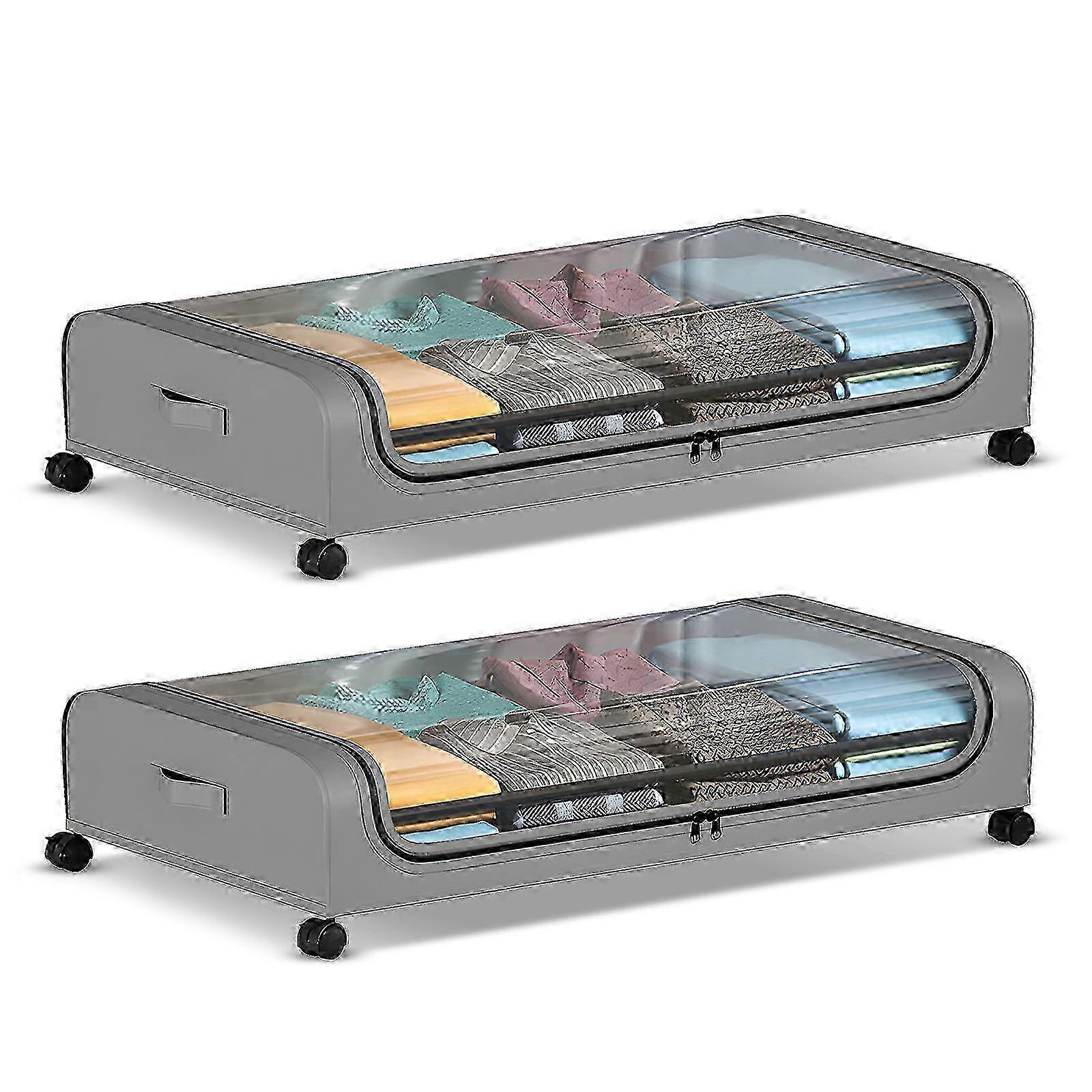 2 Pack Under Bed Storage Container with Lids and Wheels Multifunctional Home Dorm Clothes Storage Bins Clear Visible Dustproof Underbed Organizer