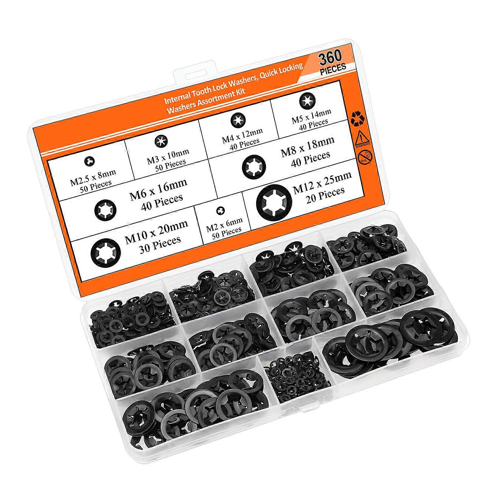 360Pcs Internal Tooth Star Lock Washers 2/2.5/3/4/5/6/8/10/12mm Quick Speed Locking Washers Retaining Clips Fasteners Multicolor