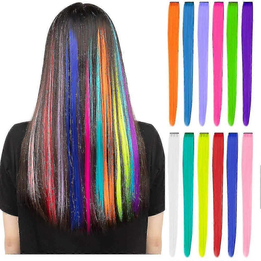 12 Pcs Color Party Destaca Clipe Colorido Em Extensões capilares, 22 Polegadas Retas Cabelos Sintéticos, Arco-Íris