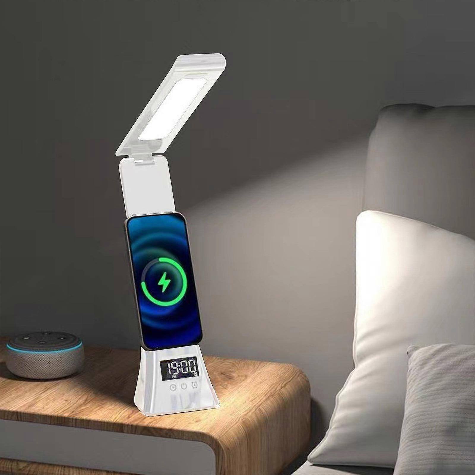 Portable Wireless Charger & LED Desk Lamp with Clock Alarm, Compatible with iPhone/Samsung, Magnetic Suction, Eye Protection for Students