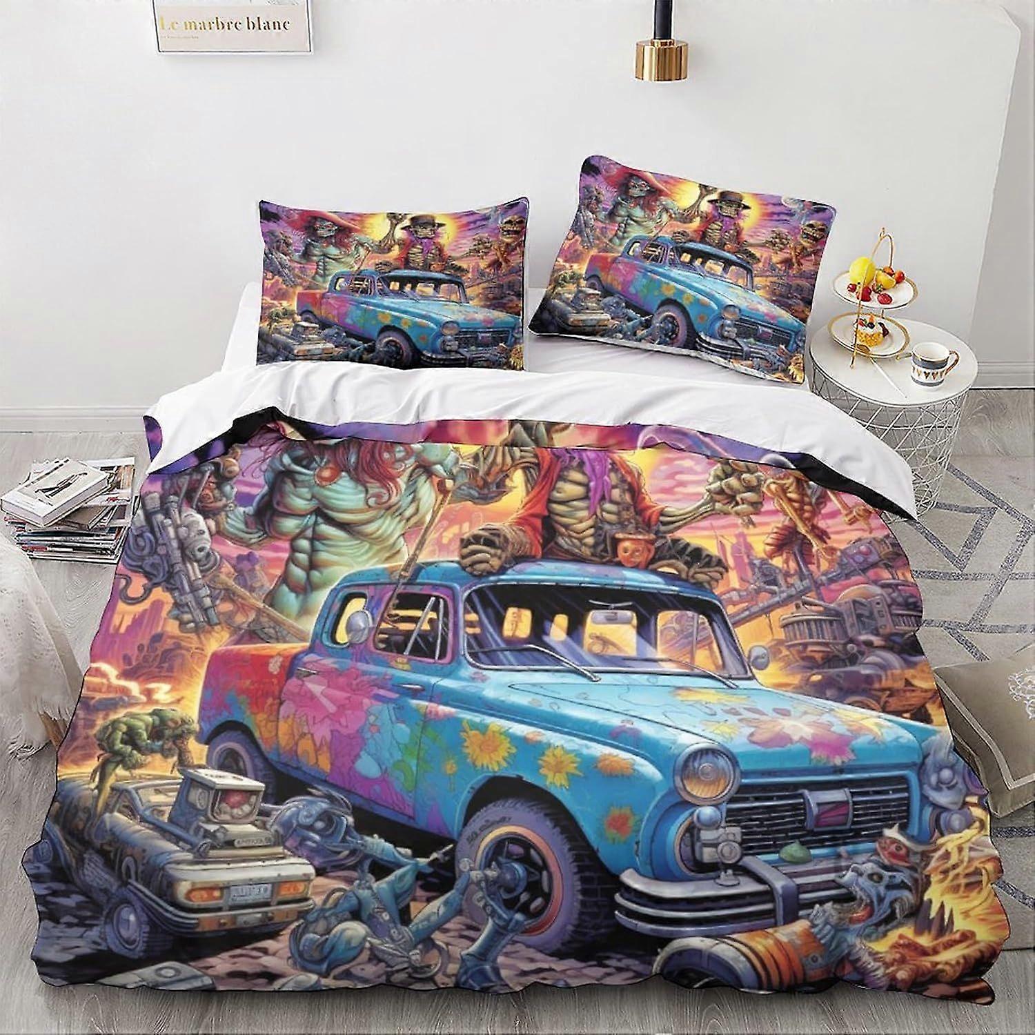 LikeEj monstros 3D efeito de carro vintage para crianças e adultos impresso edredom capa conjunto com fronhas, microfibra desenhos animados colcha de cama conjunto King