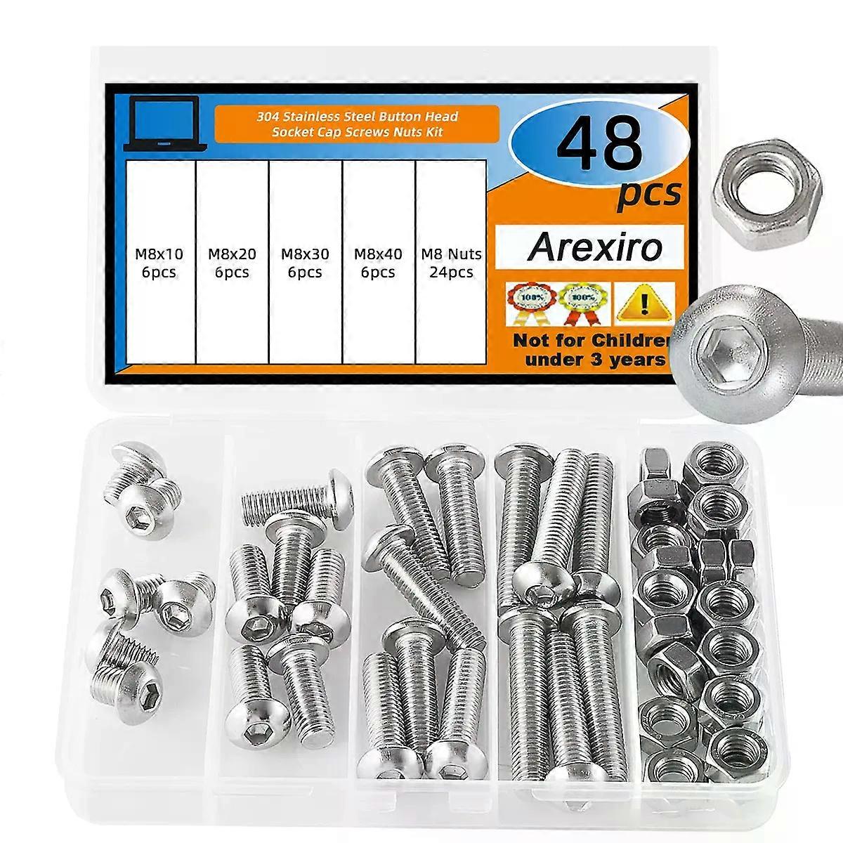 48Pcs M8x10/20/30/40mm Button Head Hexagon Socket Screw Bolt and Nut, 304 Stainless Steel Metric Hexagon Drive Combination Kit