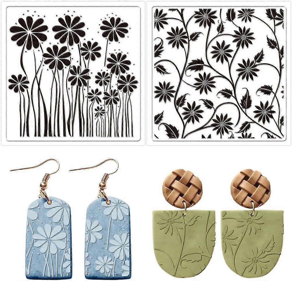 2PCS Polymer Clay Texture Sheets Silicone Texture Stamp Flower Vines Silicone Polymer Stamp Sheet Modeling Pattern Pad for Pottery Earrings Jewelry Ma